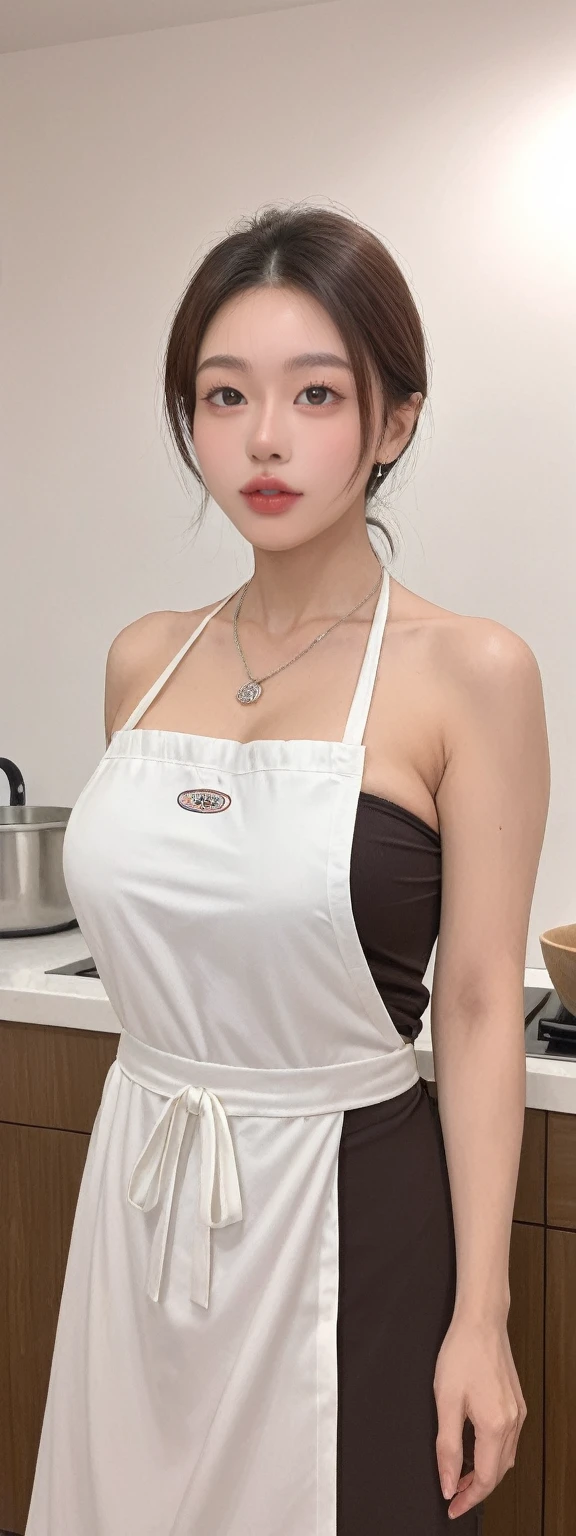 A woman cooking, (Wear the kitchen_aprons:1.3), nice hand,4K, High-res, Masterpiece, Best quality, Head:1.3,((Hasselblad photograp)), Fine fine skin, Sharp focus, (Cinematic lighting), Soft lighting, Dynamic Angle, [:(Detailed face:1.2):0.2], Medium breasts, Sweaty skin:1.2, (((Inside the kitchen)))