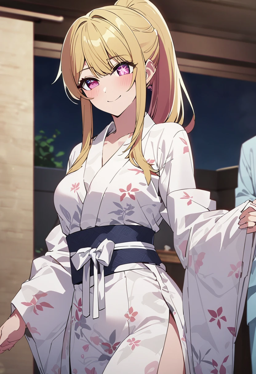 Blonde、Yukata with open front、shoulder、Highest quality、high resolution、8K,Highest quality、Star-shaped pupil、The best smile、long hair、Pink Eyes、ponytail、Cowboy Shot、One person