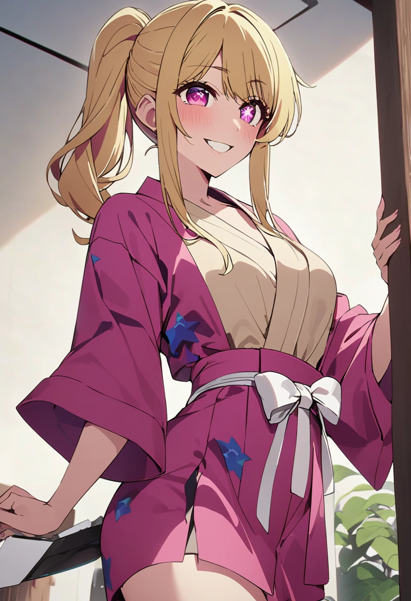 Blonde、Yukata with open front、shoulder、Highest quality、high resolution、8K,Highest quality、Star-shaped pupil、The best smile、long hair、Pink Eyes、ponytail、Cowboy Shot、One person