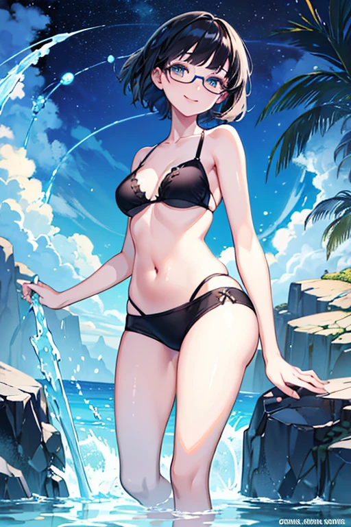 ((Highest quality)), ((masterpiece)), (Familiar), Illustration Style,Perfect Face,1 Girl,Black Hair,Short Hair,Glowing Skin,big, Bright Blue Eyes,Beautiful Bangs,Small breasts,Super Beauty,woman,,Black Bikini,Beautiful clothes,Glasses,smile
