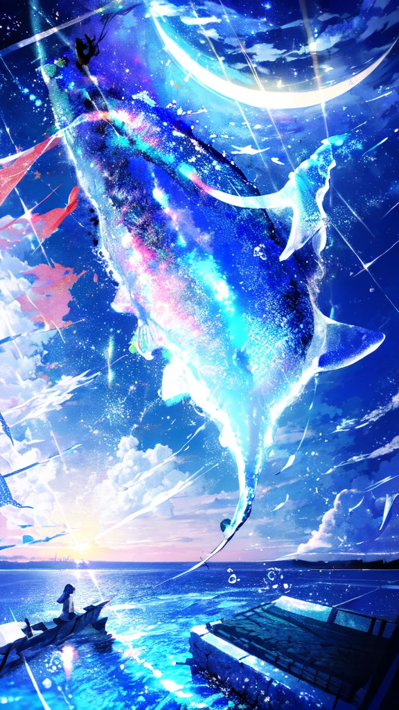 -scenery, 1girl, sky, Star (sky), Highest Resolution、whale, night, solo,Fine starry sky、 city lights, Starry sky, Fine bubbles、night sky, bubble, moon, watercraft, outdoors, short hair, ocean, cloud,coloured glaze,