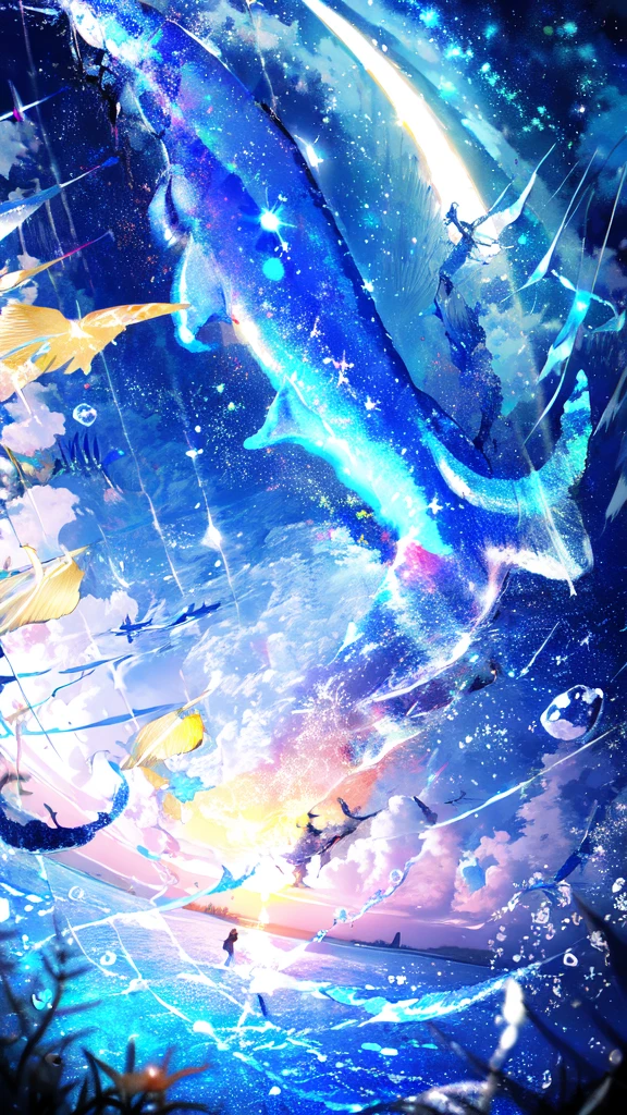 -scenery, 1girl, sky, Star (sky), Highest Resolution、whale, night, solo,Fine starry sky、 city lights, Starry sky, Fine bubbles、night sky, bubble, moon, watercraft, outdoors, short hair, ocean, cloud,coloured glaze,