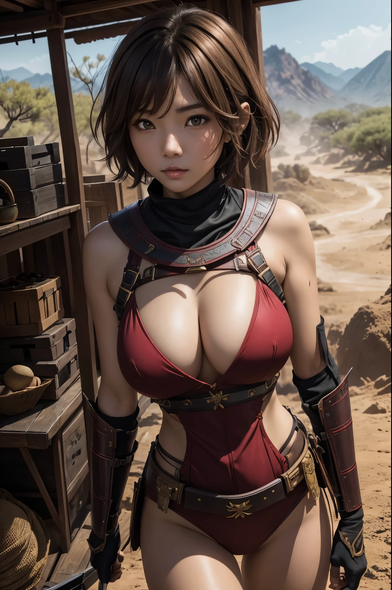 8K,荒れた大地adventure者の衣装,Traveling through the dusty wilderness,Light brown short hair,so beautifulな日本の女性, Red and black large breasted breastplate(Devil&#39;s Crest),so beautiful(Like the real thing),Red and black shoulder armor for the left shoulder(Devil&#39;s Crest),red and black combat pants,sexy,deviantart artstation cgscosiety, 3D Rendering,Art Station HDのトレンド, Adventure Ultra-Realistic Rendering, Perfect body with realistic shading, Photorealistic perfect body, Ultra-high resolution,high quality,sexy,Brown short hair,Muscular and slim body,Muscular and lean lower body,close,masterpiece,最high qualityのフォトリアリスティックなRAW写真。Bright colors,Rich colors, Backlight, Cinema Lighting, Film Grain, to be born, 50mm lens, Nikon D850,Realistic Skin,Fantasy art,Character Art,adventure,He has a long and big Japanese sword.,brown combat jacket,red and black gauntlets(Devil&#39;s Crest),Battle Scenes,Dynamic pose,Action pose,Big smile,Extremely strong and defined abs,Pump Up,