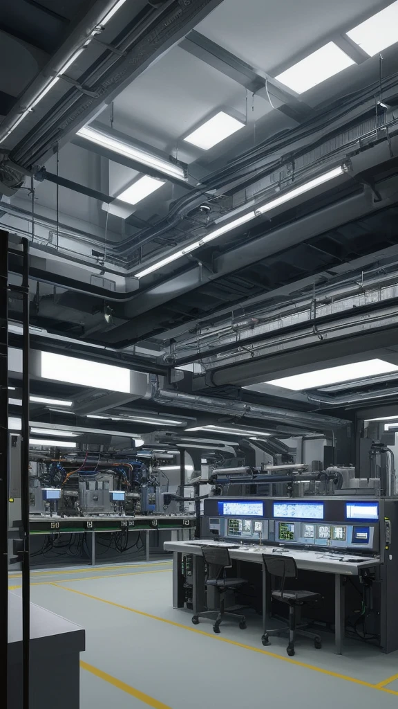 Draw a dark, futuristic laboratory。At the center of the scene is the、The facility features human-like machines with large expressive faces that combine human and machine elements.。Draw a complex of wiring and mechanical components connected to the machine's head and torso.。Cold fluorescent lights in the laboratory background、High technology equipment、and a sterile, industrial atmosphere.。The overall atmosphere is creepy and unsettling.、Highlight the blend of advanced technology and human features。