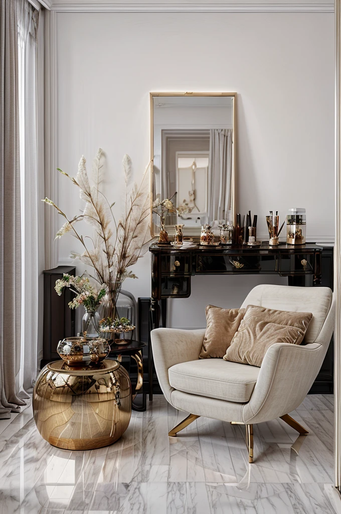 1 phòng ngủ, phong ngủ , phong cách hiện đại, 1 giường, tường trắng, sàn đá marble,1 dressing table, 1 circle poster on the wall :1.2, white fur rug