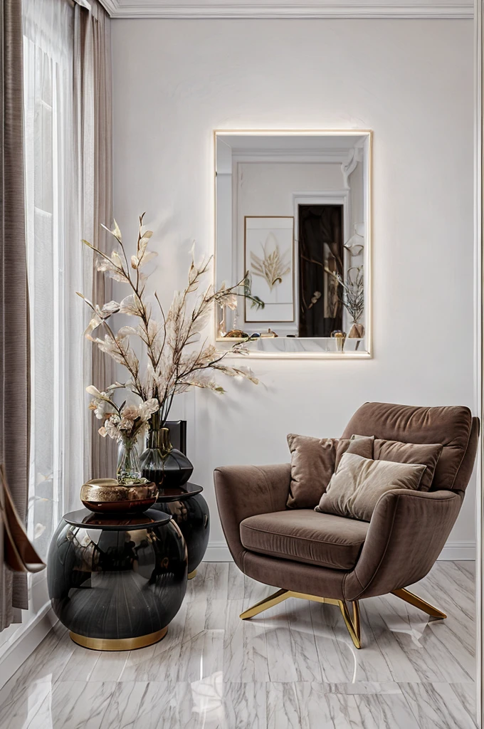 1 phòng ngủ, phong ngủ , phong cách hiện đại, 1 giường, tường trắng, sàn đá marble,1 dressing table, 1 circle poster on the wall :1.2, white fur rug