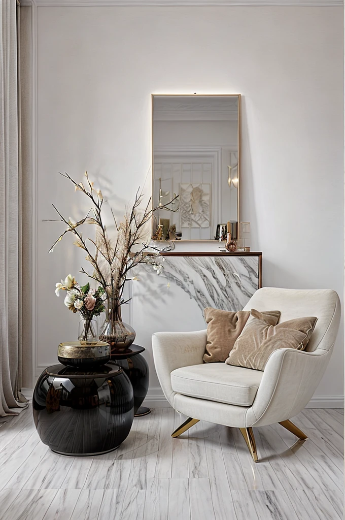 1 phòng ngủ, phong ngủ , phong cách hiện đại, 1 giường, tường trắng, sàn đá marble,1 dressing table, 1 circle poster on the wall :1.2, white fur rug 