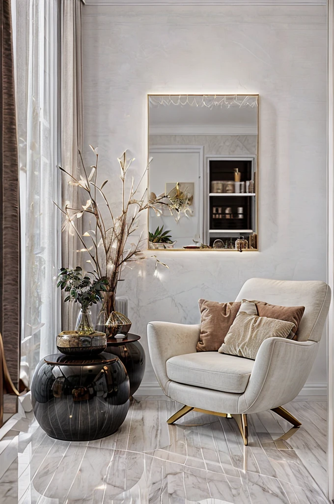 1 phòng ngủ, phong ngủ , phong cách hiện đại, 1 giường, tường trắng, sàn đá marble,1 dressing table, 1 circle poster on the wall :1.2, white fur rug 