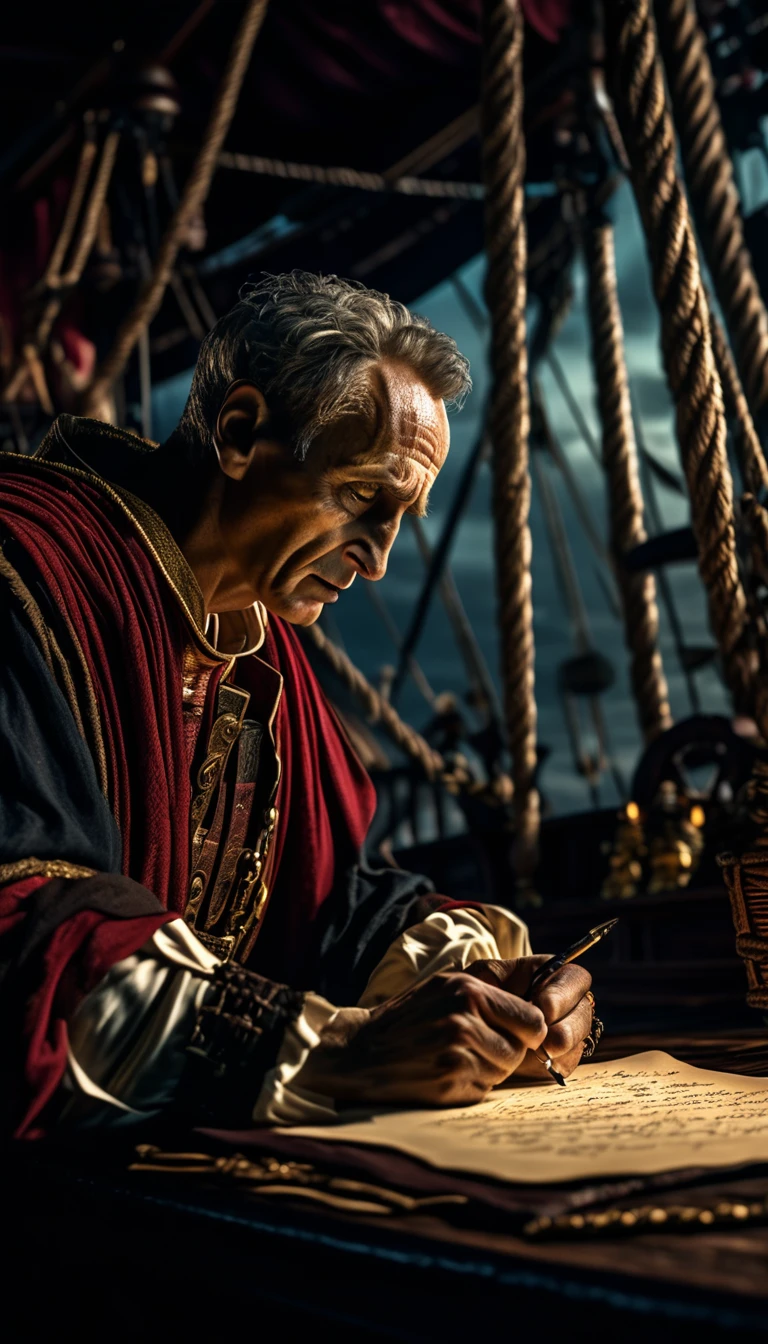 Julius Caesar writing poetry on a pirate ship, background dark, hyper realistic, ultra detailed hyper realistic, photorealistic, Studio Lighting, reflections, dynamic pose, Cinematic, Color Grading, Photography, Shot on 50mm lens, Ultra-Wide Angle, Depth of Field, hyper-detailed, beautifully color, 8k