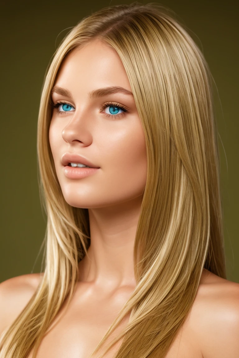 face of a blonde with green eyes, smooth hair, very realistic front view