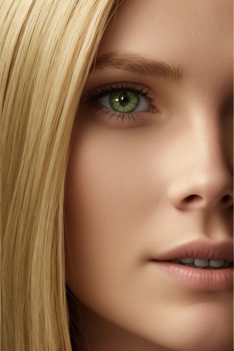 face of a blonde with green eyes, smooth hair, very realistic front view