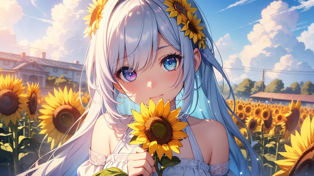 Best quality、Photorealistic、Ultra-detailed、delicate、Orderly、High Detail、Bluish Silver Short Bob、(Drooping heterochromia iris,glowing eyes、Sparkling Eyes:1.3)、slender、(One girl:1.2)、(sun、noon、A sky filled with cumulonimbus clouds、blue sky、Sunflower flower garden、Bursting light:1.3)、Ambient Occlusion、Ambient Light、Ray-traced Reflections、Glow、Shiny Hair、