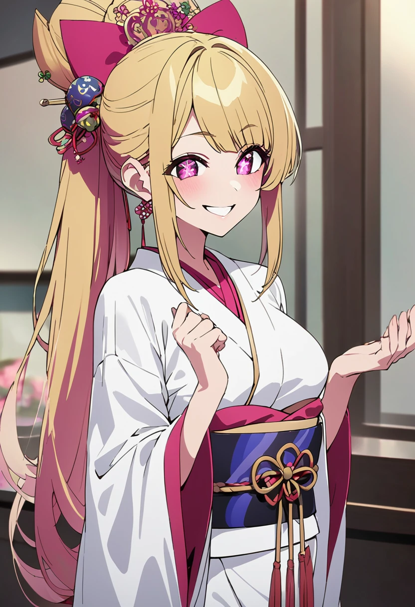 Blonde、kimono、Oiran、Highest quality、high resolution、8K,Highest quality、Star-shaped pupil、The best smile、long hair、Pink Eyes、ponytail、Cowboy Shot、One person