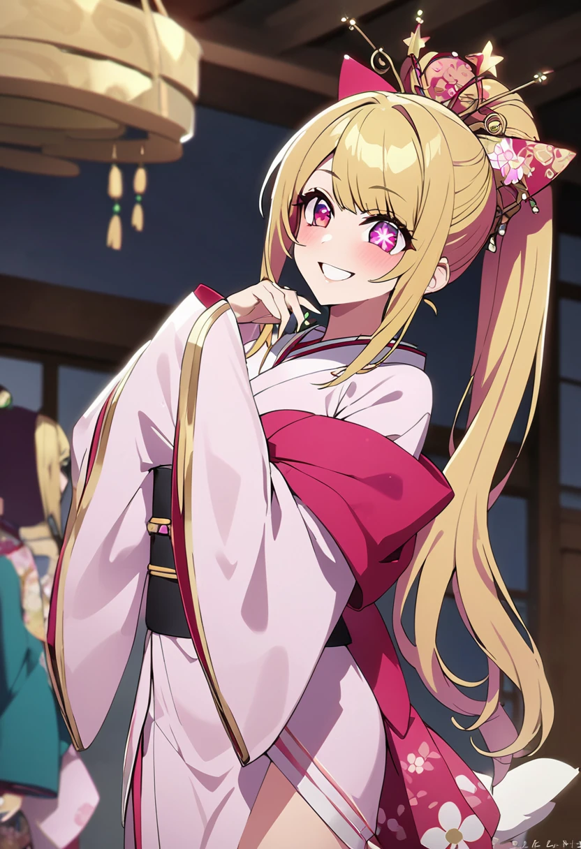 Blonde、kimono、Oiran、Highest quality、high resolution、8K,Highest quality、Star-shaped pupil、The best smile、long hair、Pink Eyes、ponytail、Cowboy Shot、One person