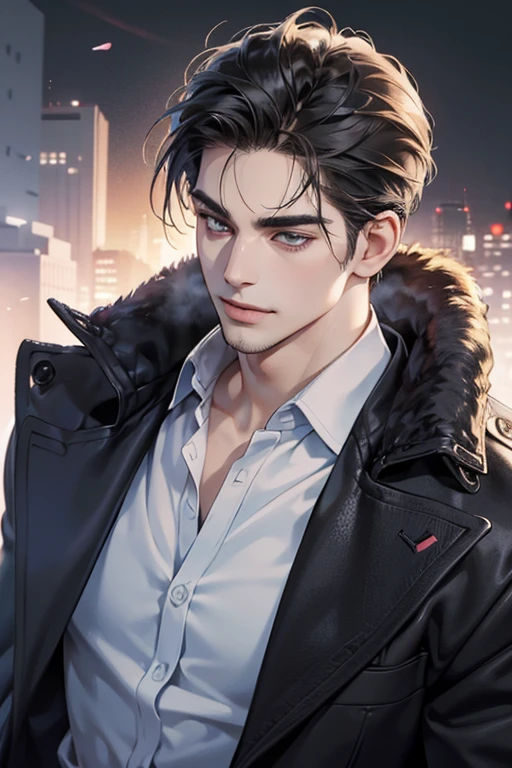 (best quality,4k,8k,highres,masterpiece:1.2),ultra-detailed,(realistic,photorealistic,photo-realistic:1.37),30 year old man,3 day beard,handsome anime,portraits,strong,masculine,dark hair,sharp jawline,mesmerizing eyes,perfectly styled hair,cool anime outfit,confident expression,vibrant colors,dynamic lighting, CEO and expression smile in love.