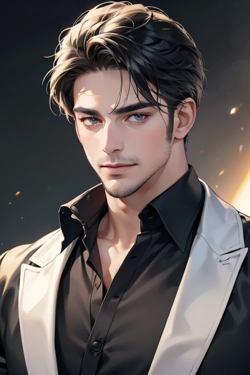 (best quality,4k,8k,highres,masterpiece:1.2),ultra-detailed,(realistic,photorealistic,photo-realistic:1.37),30 year old man,3 day beard,handsome anime,portraits,strong,masculine,dark hair,sharp jawline,mesmerizing eyes,perfectly styled hair,cool anime outfit,confident expression,vibrant colors,dynamic lighting, CEO and expression smile in love.
