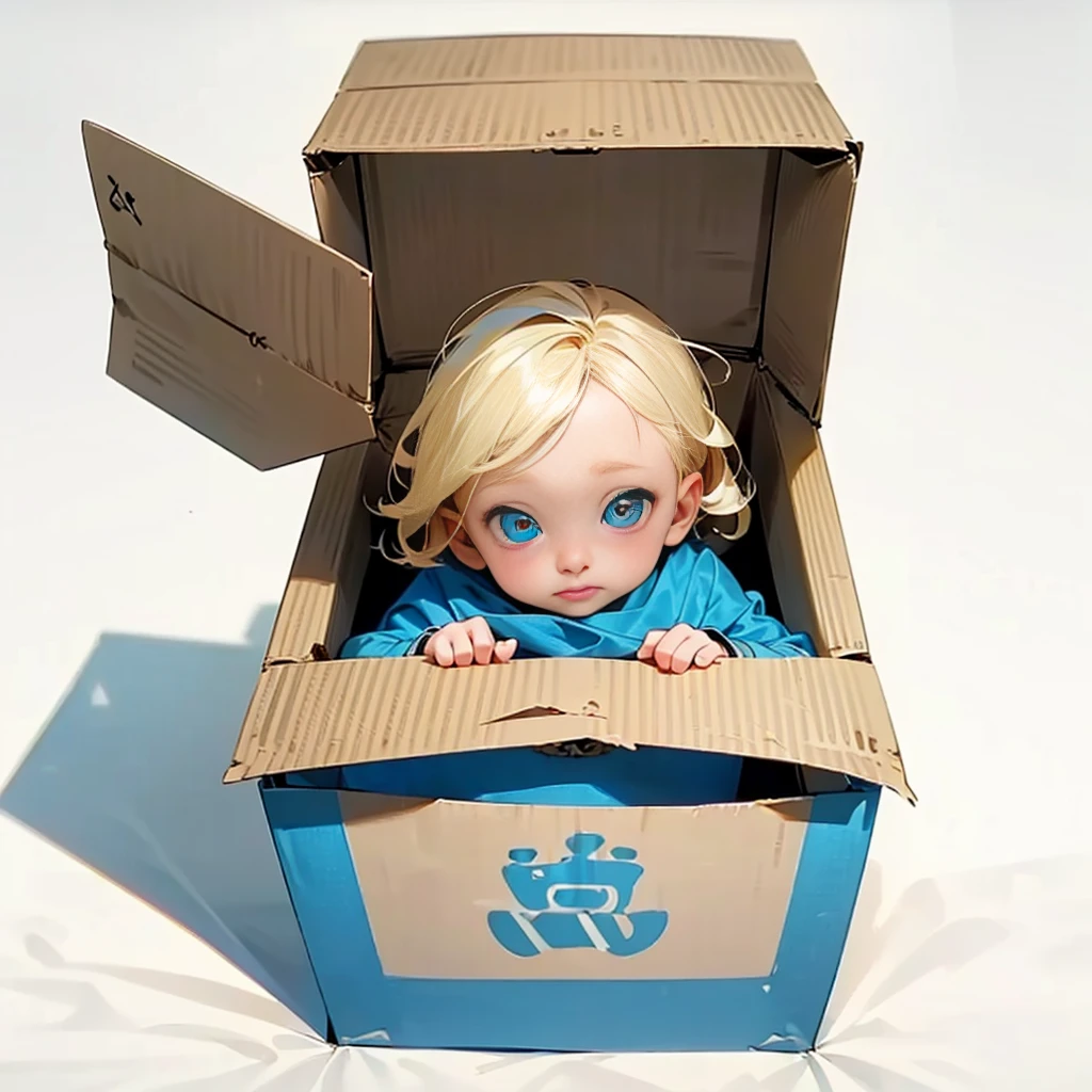 A cardboard box, 1 cardboard box, Blue color, has official writing, There is writing from "Manchester city", there is writing "Baby", (baby albino, blonde colour hair, narrow eyes, His cheeks were red, his nose red, his eyes narrow)