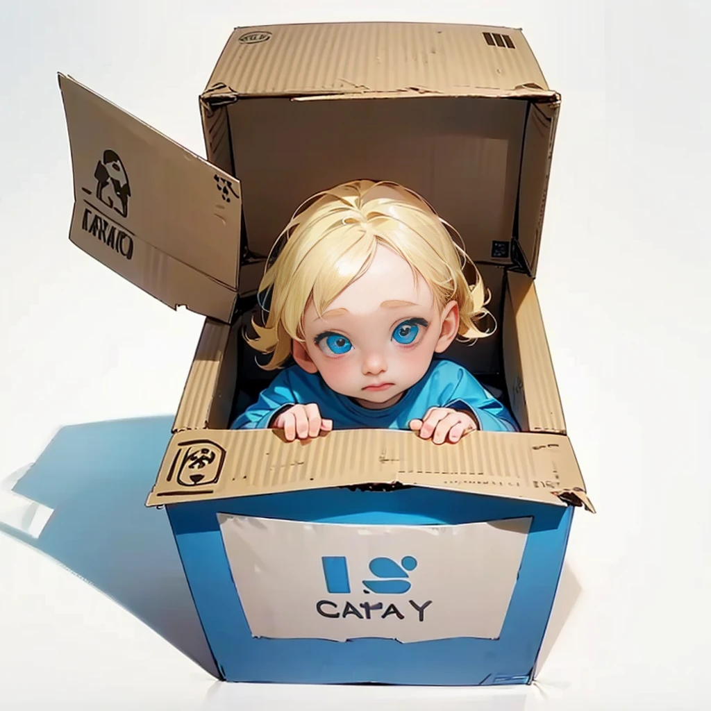 A cardboard box, 1 cardboard box, Blue color, has official writing, There is writing from "Manchester city", there is writing "Baby", (baby albino, blonde colour hair, narrow eyes, His cheeks were red, his nose red, his eyes narrow)