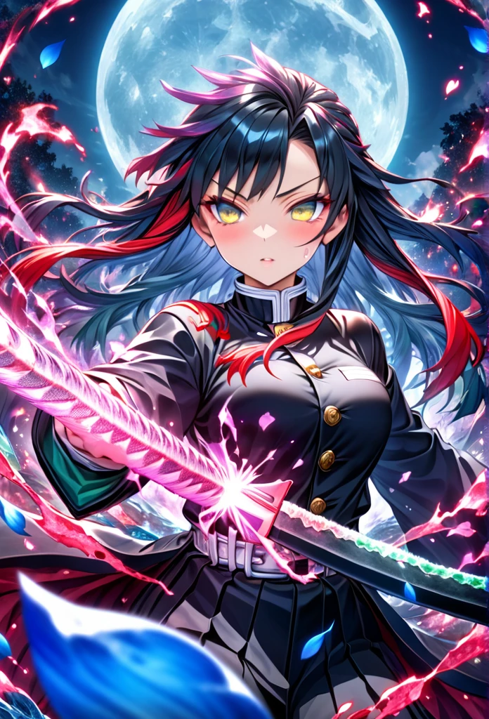 Ultra detailed, highres, absurdres, HDR, master piece, anime, pretty woman with white long hair with red streaks, woman with yellow eyes, black demon slayer uniform, Kimetsu No Yaiba, fantasy, red and blue petals, blood power, Tomioka Giyu, Water Hashira power, training with swords, magic, moon, best quality, extremely detailed face, anime, they are training with katanas, secretly love each other, hashira training swords, couple training