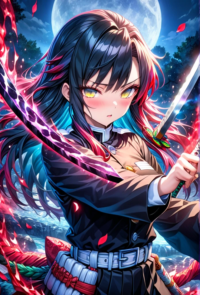 Ultra detailed, highres, absurdres, HDR, master piece, anime, pretty woman with white long hair with red streaks, woman with yellow eyes, black demon slayer uniform, Kimetsu No Yaiba, fantasy, red and blue petals, blood power, Tomioka Giyu, Water Hashira power, training with swords, magic, moon, best quality, extremely detailed face, anime, they are training with katanas, secretly love each other, hashira training swords, couple training