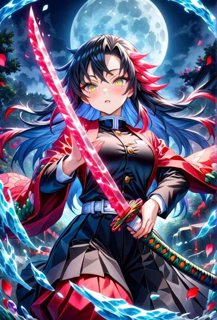 Ultra detailed, highres, absurdres, HDR, master piece, anime, pretty woman with white long hair with red streaks, woman with yellow eyes, black demon slayer uniform, Kimetsu No Yaiba, fantasy, red and blue petals, blood power, Tomioka Giyu, Water Hashira power, training with swords, magic, moon, best quality, extremely detailed face, anime, they are training with katanas, secretly love each other, hashira training swords, couple training