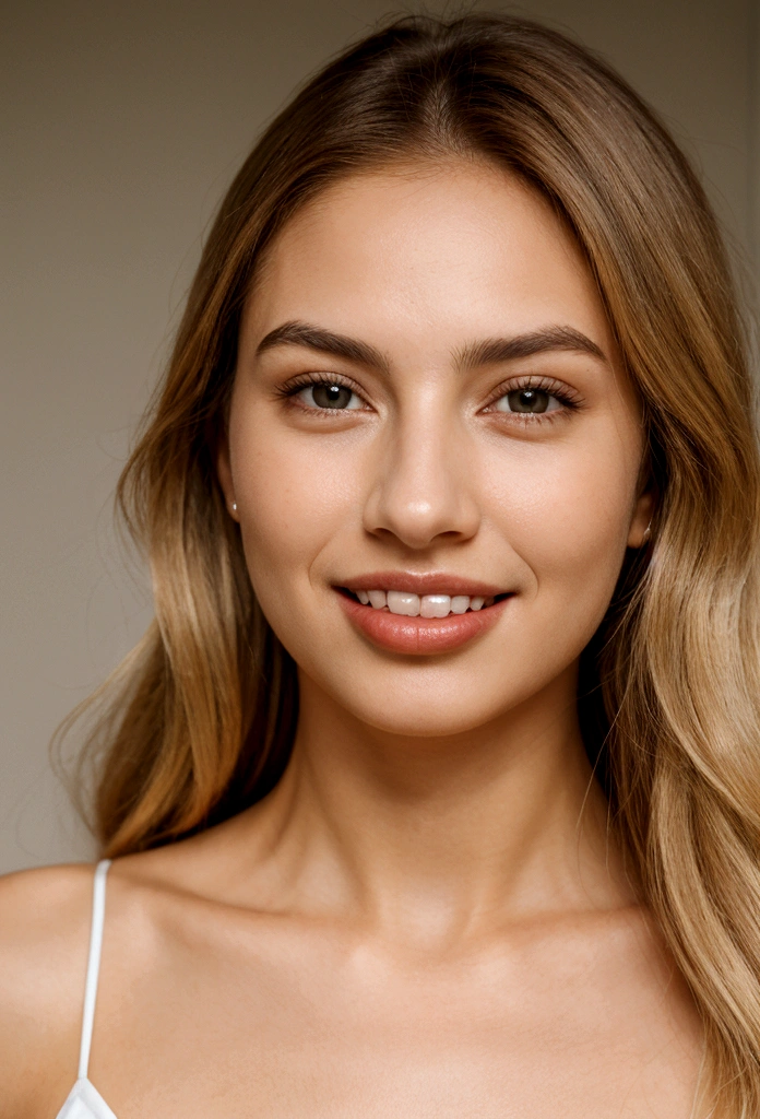 A photorealistic portrait of a young and beautiful 19-year-old woman with light blonde hair, long hair, and brown eyes, American. Epic realism, raw photo, (highly detailed skin:1.2), 8k, DSLR, soft lighting, high quality, film grain, Fujifilm XT3, ultra high resolution, photorealistic:1.4, uhd. The background is blurred to emphasize her face. Her facial features are meticulously detailed: her smooth and clear, slightly tanned skin, well-defined cheekbones, a perfectly shaped nose, a high and smooth forehead, long and thick eyelashes, well-groomed eyebrows, and soft, slightly parted lips. The lighting highlights the natural contours of her face, giving a lifelike and vibrant appearance. She exudes a captivating beauty, with a seductive and alluring expression, sticking her tongue out playfully and giving a fierce, tigress-like look. This dynamic pose makes her appear as a stunning and confident 19-year-old OnlyFans model, radiating sexiness and charisma. She looks very young and shows a full set of beautifully crafted, perfectly aligned teeth, not just the front two, emphasizing her radiant smile and enhancing her overall attractiveness. The teeth are meticulously detailed, with a natural, pearly white shine, showcasing their perfect alignment and pristine condition, similar to professional dental advertisements.