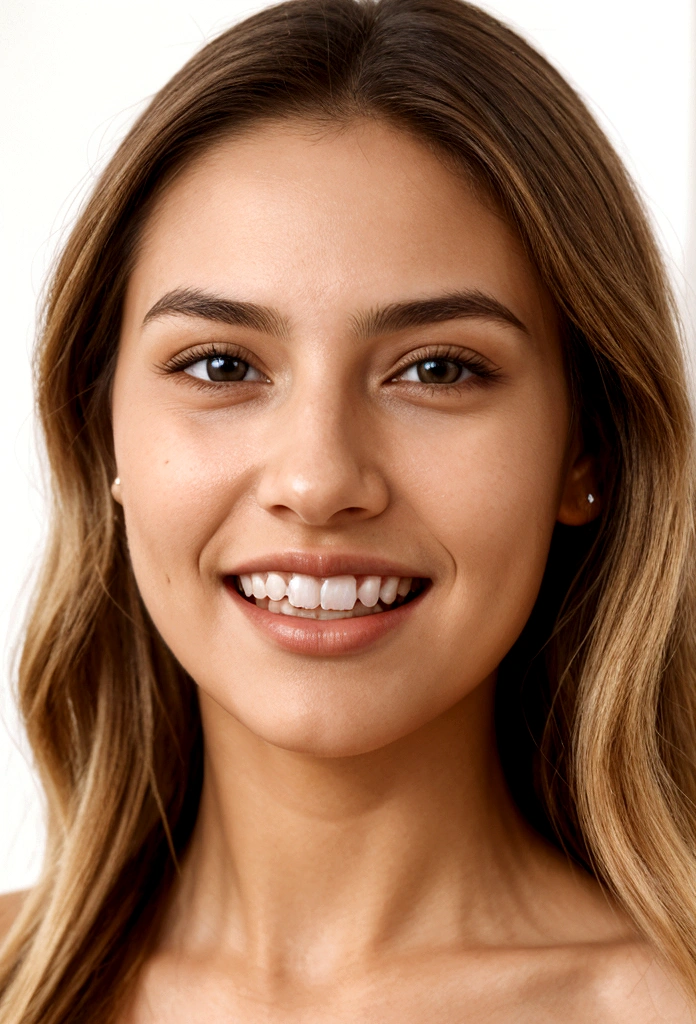 A photorealistic portrait of a young and beautiful 19-year-old woman with light blonde hair, long hair, and brown eyes, American. Epic realism, raw photo, (highly detailed skin:1.2), 8k, DSLR, soft lighting, high quality, film grain, Fujifilm XT3, ultra high resolution, photorealistic:1.4, uhd. The background is blurred to emphasize her face. Her facial features are meticulously detailed: her smooth and clear, slightly tanned skin, well-defined cheekbones, a perfectly shaped nose, a high and smooth forehead, long and thick eyelashes, well-groomed eyebrows, and soft, slightly parted lips. The lighting highlights the natural contours of her face, giving a lifelike and vibrant appearance. She exudes a captivating beauty, with a seductive and alluring expression, sticking her tongue out playfully and giving a fierce, tigress-like look. This dynamic pose makes her appear as a stunning and confident 19-year-old OnlyFans model, radiating sexiness and charisma. She looks very young and shows a full set of beautifully crafted, perfectly aligned teeth, not just the front two, emphasizing her radiant smile and enhancing her overall attractiveness. The teeth are meticulously detailed, with a natural, pearly white shine, showcasing their perfect alignment and pristine condition, similar to professional dental advertisements.