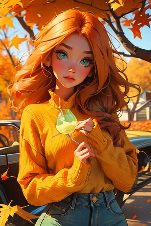 Perfect face, Perfect hands. An orange haired woman with green eyes and an hourglass figure in a yellow sweater and jeans is blushing in a flurry of fall leaves