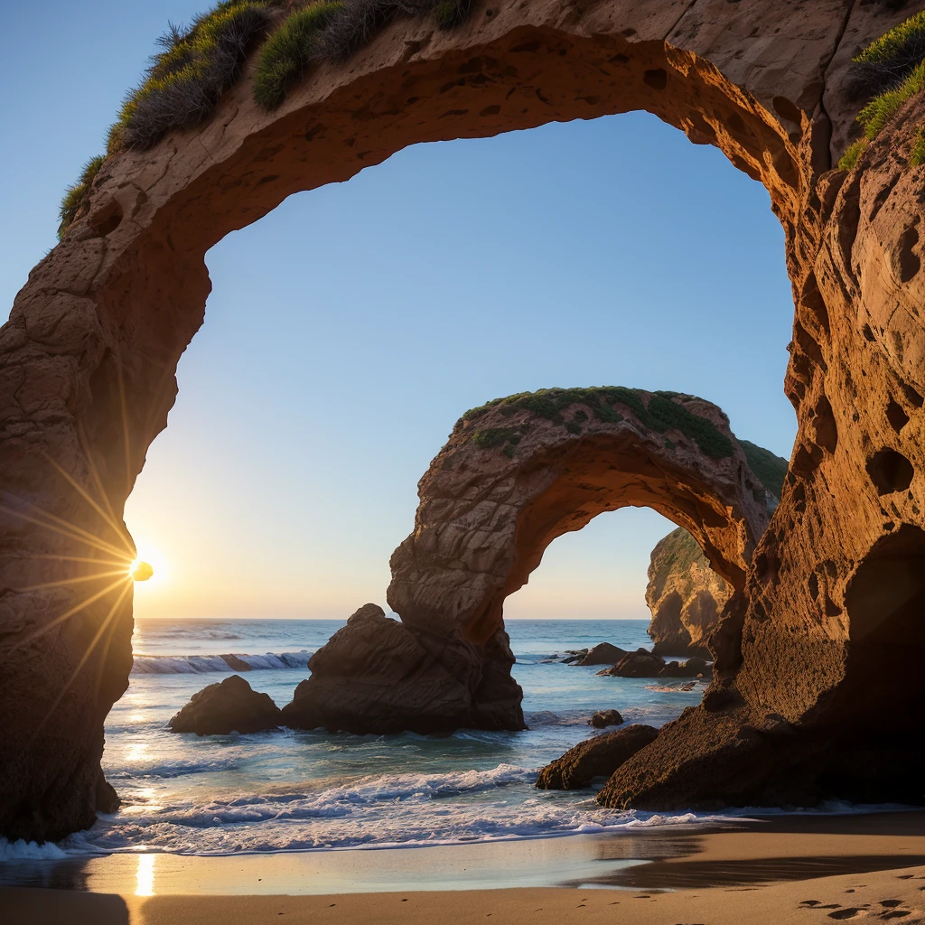 Highly detailed landscape, Keyhole Arch sunset, a natural arch cut into the rocks by the nearby pounding waves, is situated not far from a purple sand beach. Keyhole Rock at one of California's most beautiful beaches, Pfeiffer Beach