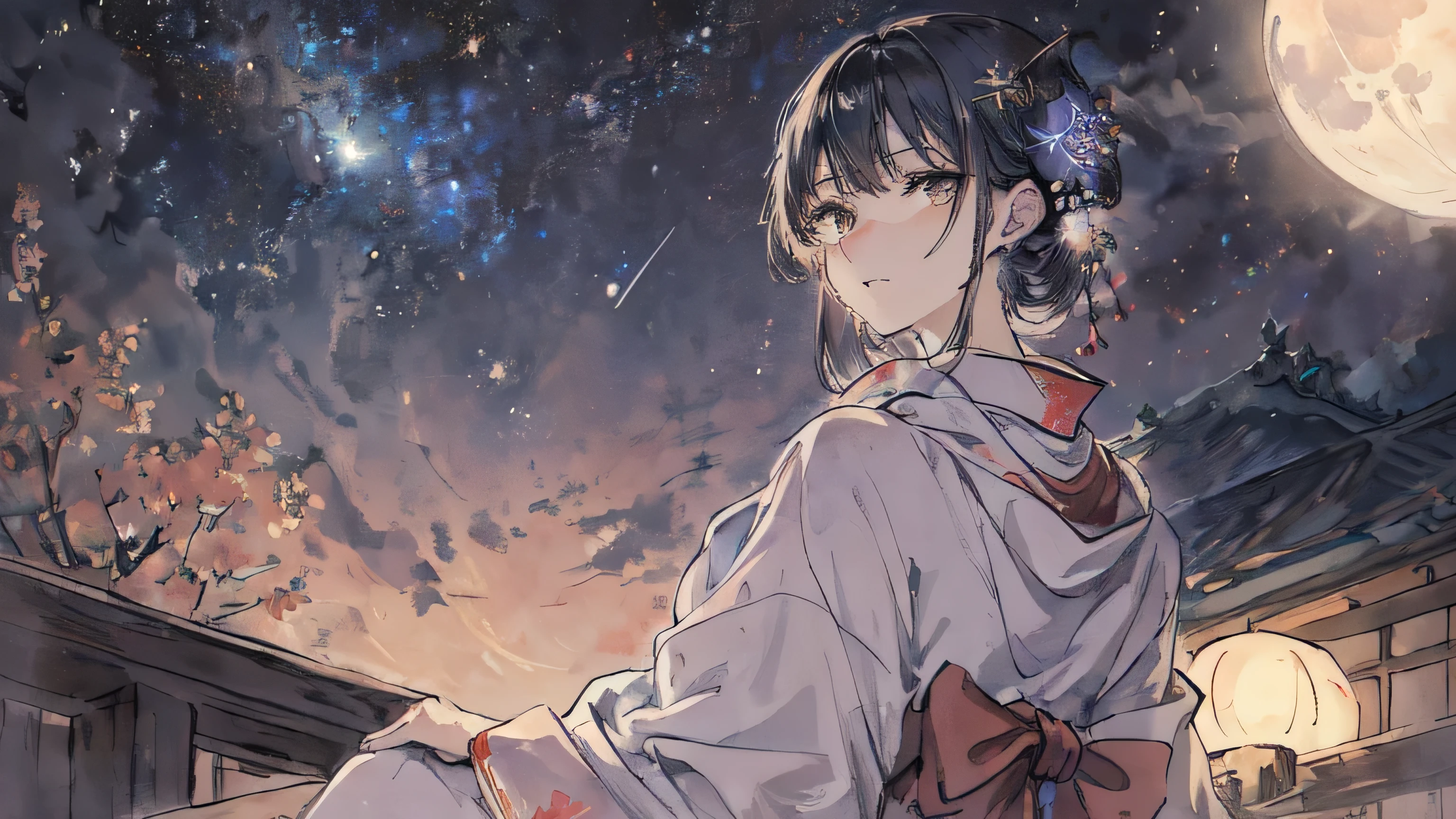masterpiece,highest quality,((Super Detailed Woman１name)),Super detailed face,yukata,Sitting,Night Sky,moon,Fantasy,Calm,nebula,((Close-up))