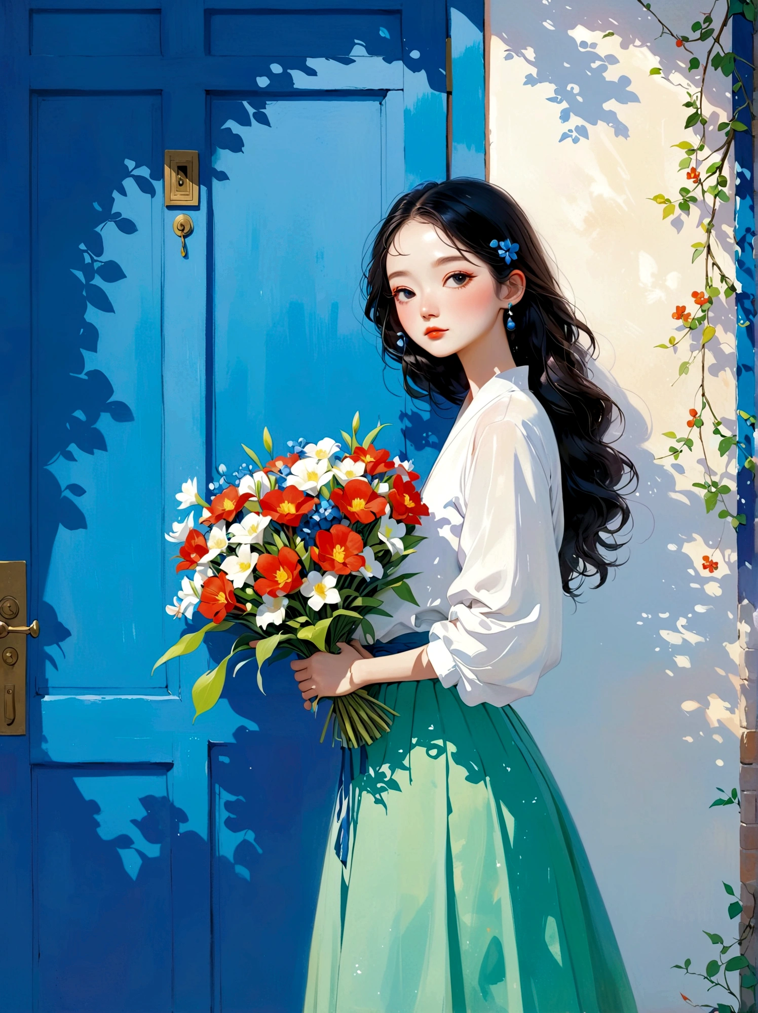 A woman holding a bouquet of flowers,Standing in front of a blue door, By Artie Guerin, With Artest Guerin (atey ghailan) style, Artie Guerin 8K, inspired By Artie Guerin, by Zou Zhe, by Yanjun Cheng, guweiz masterpiece, 古魏兹style的艺术品, author:Li Song