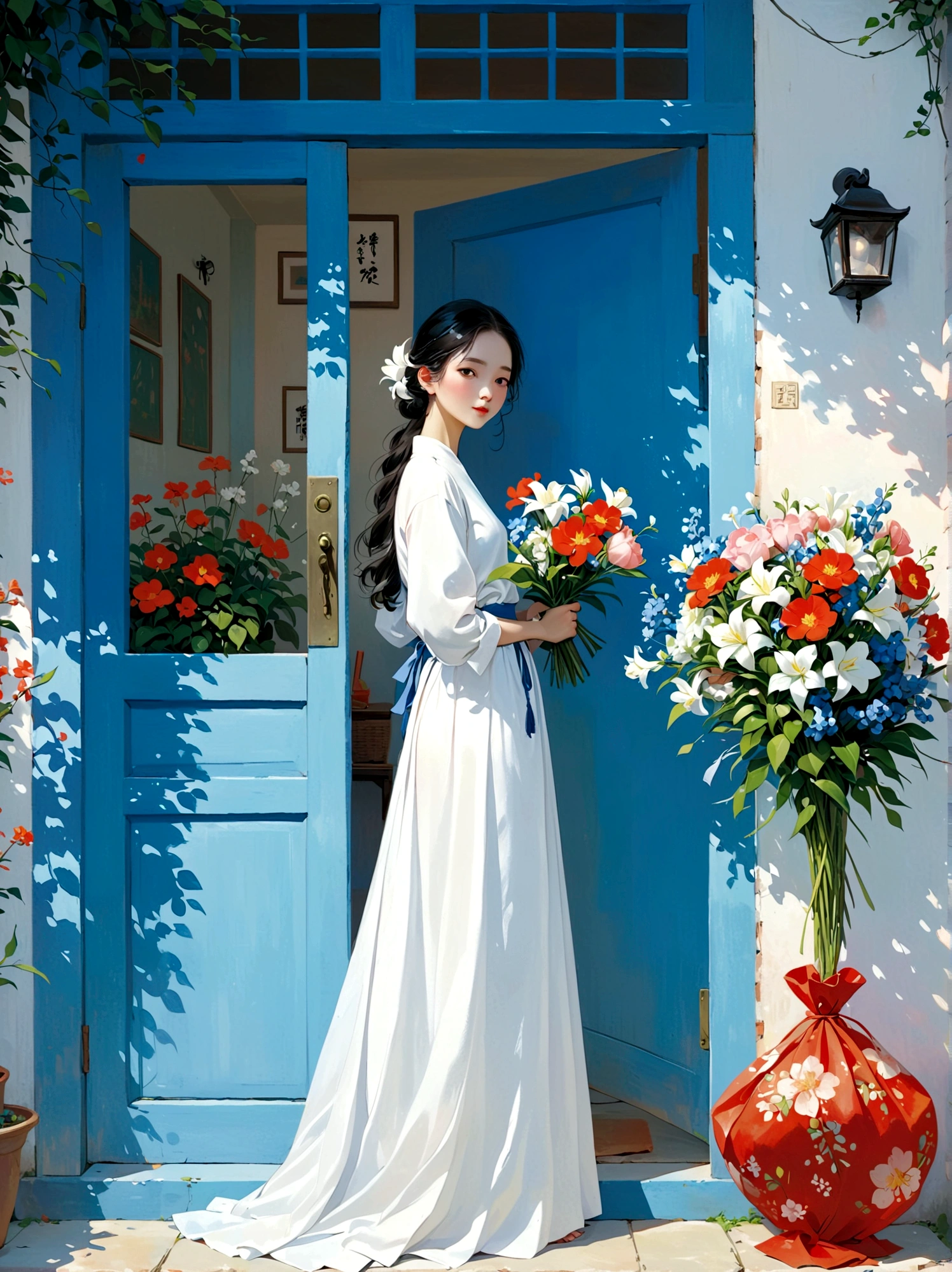 A woman holding a bouquet of flowers,Standing in front of a blue door, By Artie Guerin, With Artest Guerin (atey ghailan) style, Artie Guerin 8K, inspired By Artie Guerin, by Zou Zhe, by Yanjun Cheng, guweiz masterpiece, 古魏兹style的艺术品, author:Li Song