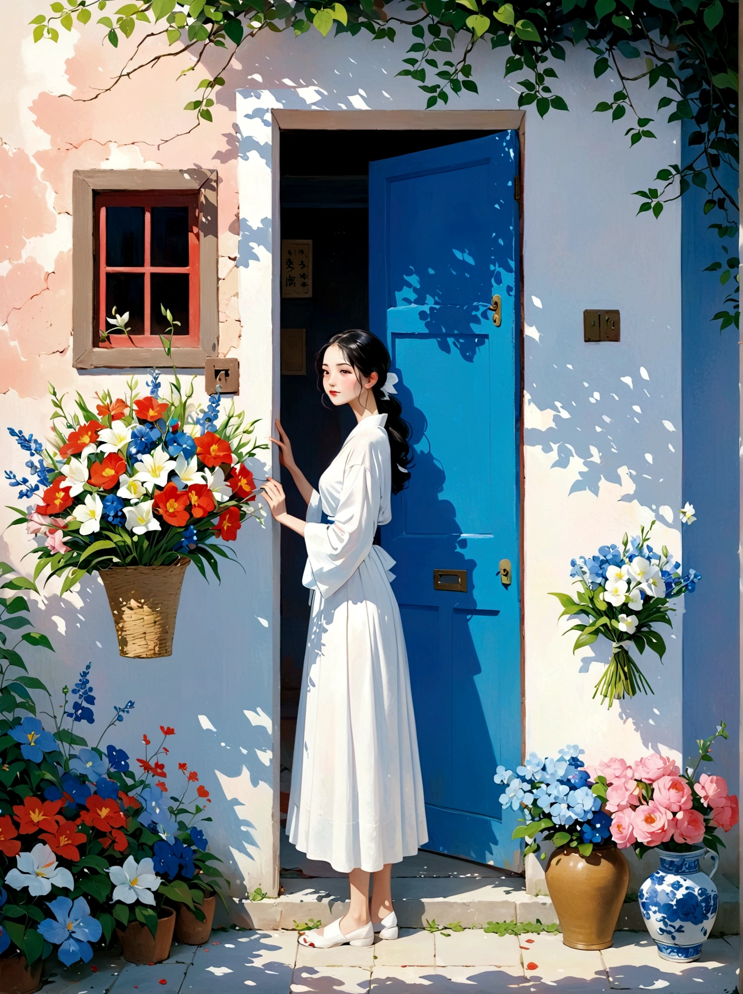 A woman holding a bouquet of flowers，Standing in front of a blue door, By Artie Guerin, With Artest Guerin (atey ghailan) style, Artie Guerin 8K, inspired By Artie Guerin, by Zou Zhe, by Yanjun Cheng, guweiz masterpiece, 古魏兹style的艺术品, author：Li Song