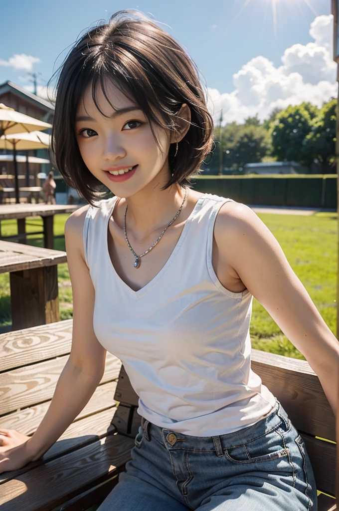 Best image quality、Ultra-high resolution、Tabletop、Photo quality(Realistic:1.8)、pores、Accuracy、ASİAN, japanese girl, Japanese women、23-year-old girl、Black-haired、cuteえくぼ、Young Face、cute、Short Bob、Slender girl、Small breasts、 Flat Chest、To the camera、Turn your body forward、Gravure Beautiful Girl、Sitting on a bench、whole body、grass、garden、Blue Tank Top、Slim pants、Silver necklace、Baseball Cap、Bowling shirt、White sneakers、blue sky、White cloud、Light of the sun、Reflective plate、Protruding、Laughing with your mouth open、White teeth、Happily、Look straight ahead、