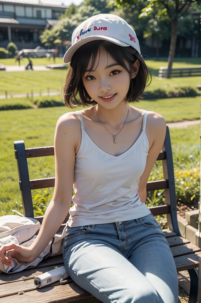Best image quality、Ultra-high resolution、Tabletop、Photo quality(Realistic:1.8)、pores、Accuracy、Japanese women、23-year-old girl、Black-haired、cuteえくぼ、Young Face、cute、Short Bob、Slender girl、Small breasts、 Flat Chest、To the camera、Turn your body forward、Gravure Beautiful Girl、Sitting on a bench、whole body、grass、garden、Blue Tank Top、Slim pants、Silver necklace、White sneakers、blue sky、White cloud、Light of the sun、Reflective plate、Protruding、Laughing with your mouth open、White teeth、Happily、Look straight ahead、