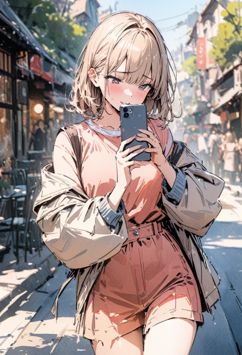 masterpiece,highest quality,ultra-detailed,high-definition background,8K,hi-res,high quality,BREAK,japanese manga style, sketch, Watercolor Colors,[Girl using a smartphone]