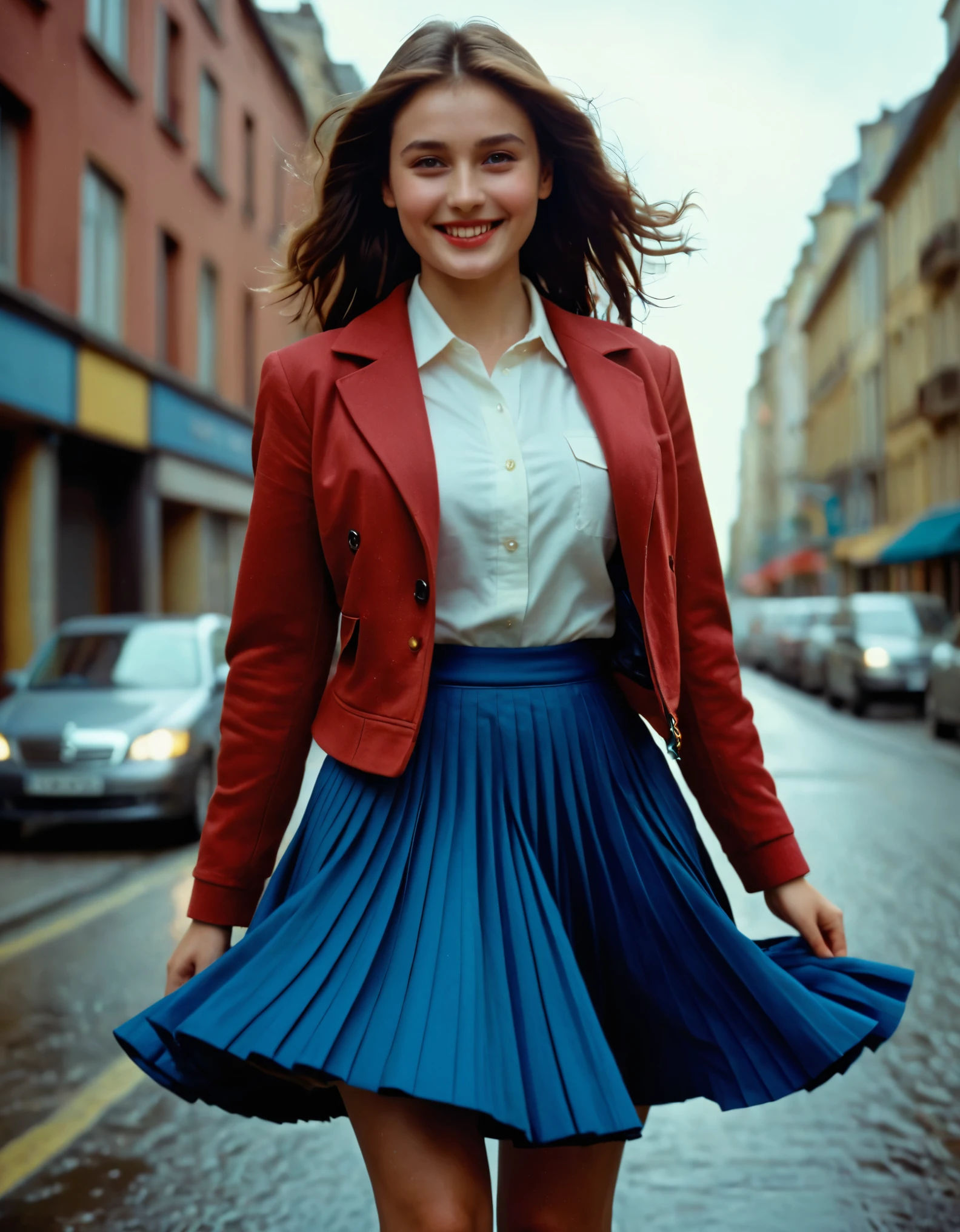 A smiling, authentic, (shy:1,3), kind, beautiful woman, is passionately in love with her skirt, wind wildly lifts her skirt, wearing uniform jacket and very, very detailed (long (fully pleated) full circle skirt) and (low heeled court shoes), very, very intricate hyper-detailed symmetric (attractive graceful young feminine face) with (sad, tired eyes and a loving smile), very voluptuous breasts, full of empathy and compassion and love, (pronounced (feminine) features), (highly detailed ultra accurate realistic) hands and fingers, (windy), epic composition, highly detailed attributes, (35mm f1.4 Kodak portra 400 photograph), extremely high quality RAW photograph, highly detailed atmosphere, sci-fi, cinematic shot, dynamic lighting, 75mm, Technicolor, Panavision, cinemascope, sharp focus, fine details, 8k, HDR, realism, realistic, key visual, film still, superb cinematic color grading, depth of field