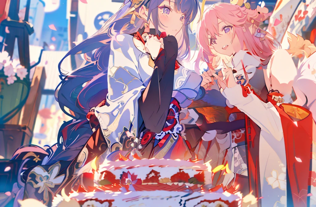 masterpiece, best quality,raiden shogun, multiple girls, 2girls, yae miko, pink hair, urple hair, japanese clothes, long hair, animal ears, hair ornament, fox ears, detached sleeves, kimono, ((birthday cake)), japanese temple, japan, sakura petals