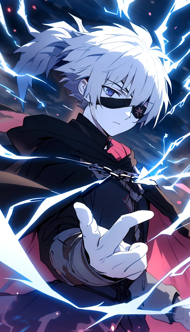 Anime character, a man, medieval era. Young man, 20 years old, large body, cold gaze, cold expression, white skin, short messy gray hair, ponytail, left eye patch, black clothes, black shirt, dark cape with hood, chains. frontal camera. Walking in a sea of blood. Three moons shining high in the sky, purple, red and blue. White electricity emanating from his body, black electricity emanating from his left hand. Right eye shining in a white ray. Thunderous white lightning. (best quality, 4k, 8k, high resolution, masterpiece: 1.2), vibrant, ultra-detailed colors, chiaroscuro lighting, dramatic pose, intricate details, fantasy, mystical, powerful