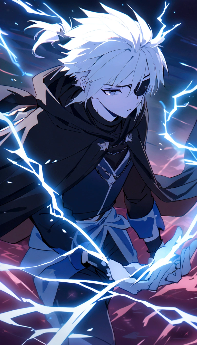 Anime character, a man, medieval era. Young man, 20 years old, large body, cold gaze, cold expression, white skin, short messy gray hair, ponytail, left eye patch, black clothes, black shirt, dark cape with hood, chains. frontal camera. Walking in a sea of ​​blood. Three moons shining high in the sky, purple, red and blue. White electricity emanating from his body, black electricity emanating from his left hand. Right eye shining in a white ray. Thunderous white lightning. (best quality, 4k, 8k, high resolution, masterpiece: 1.2), vibrant, ultra-detailed colors, chiaroscuro lighting, dramatic pose, intricate details, fantasy, mystical, powerful