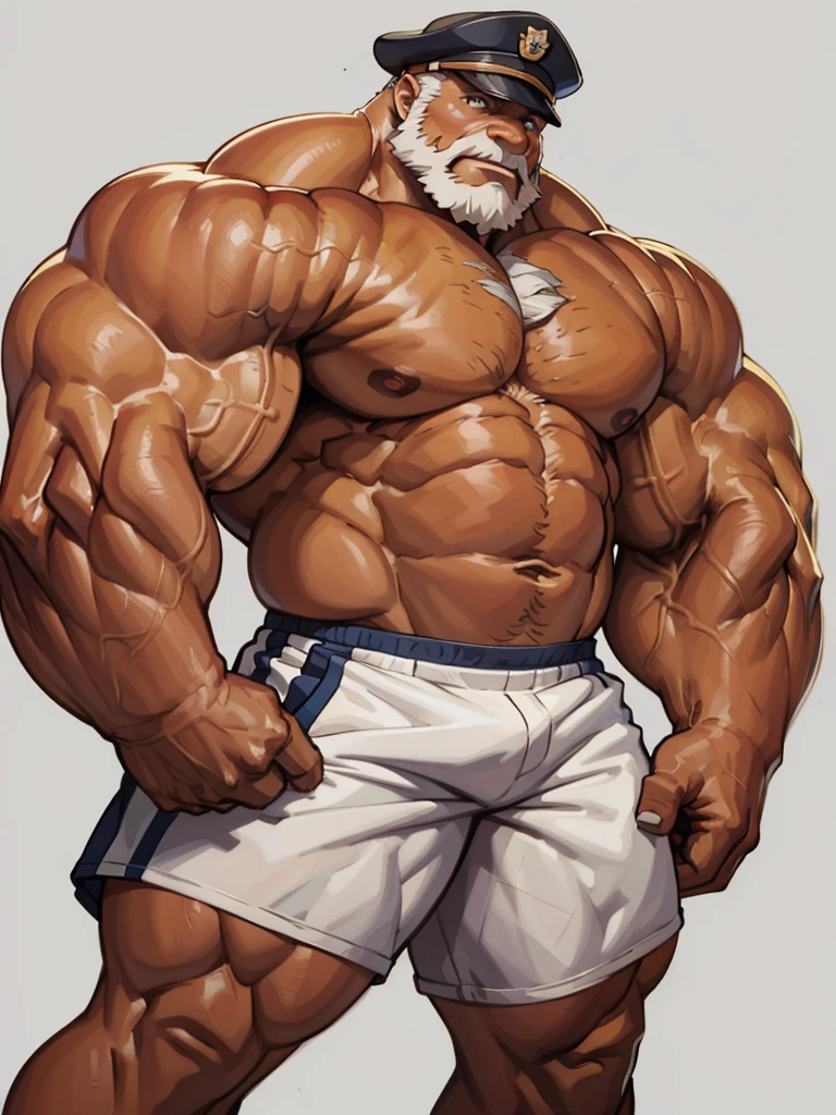 solo, 1boy, perfect anatomy, perfect proportion. Huge Muscular Old man wearing soldier hat ,(white shorts), view from side, pectoral, thick arms, huge pectoral, wide pectoral, short white hair, red beard and hair, simple background, masterpiece, anime:1.2, high detailed, 8k, high resolution, perfect center, full view. ((really big muscle, massive muscular, sixpack, thick arms, wide pectoral, super huge muscle, hyper muscular, over sized muscle, huge arms, big arms, huge pectoral))