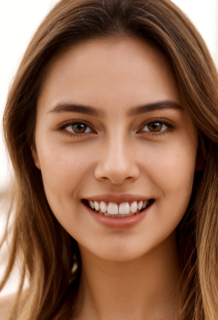 A photorealistic portrait of a young and beautiful 19-year-old woman with light blonde hair, long hair, and brown eyes, American. Epic realism, raw photo, (highly detailed skin:1.2), 8k, DSLR, soft lighting, high quality, film grain, Fujifilm XT3, ultra high resolution, photorealistic:1.4, uhd. The background is blurred to emphasize her face. Her facial features are meticulously detailed: her smooth and clear, slightly tanned skin, well-defined cheekbones, a perfectly shaped nose, a high and smooth forehead, long and thick eyelashes, well-groomed eyebrows, and soft, slightly parted lips. The lighting highlights the natural contours of her face, giving a lifelike and vibrant appearance. She exudes a captivating beauty, with a seductive and alluring expression, sticking her tongue out playfully and giving a fierce, tigress-like look. This dynamic pose makes her appear as a stunning and confident 19-year-old OnlyFans model, radiating sexiness and charisma. She looks very young and shows a full set of beautifully crafted, perfectly aligned teeth, not just the front two, emphasizing her radiant smile and enhancing her overall attractiveness. The teeth are meticulously detailed, with a natural, pearly white shine, showcasing their perfect alignment and pristine condition, similar to professional dental advertisements.