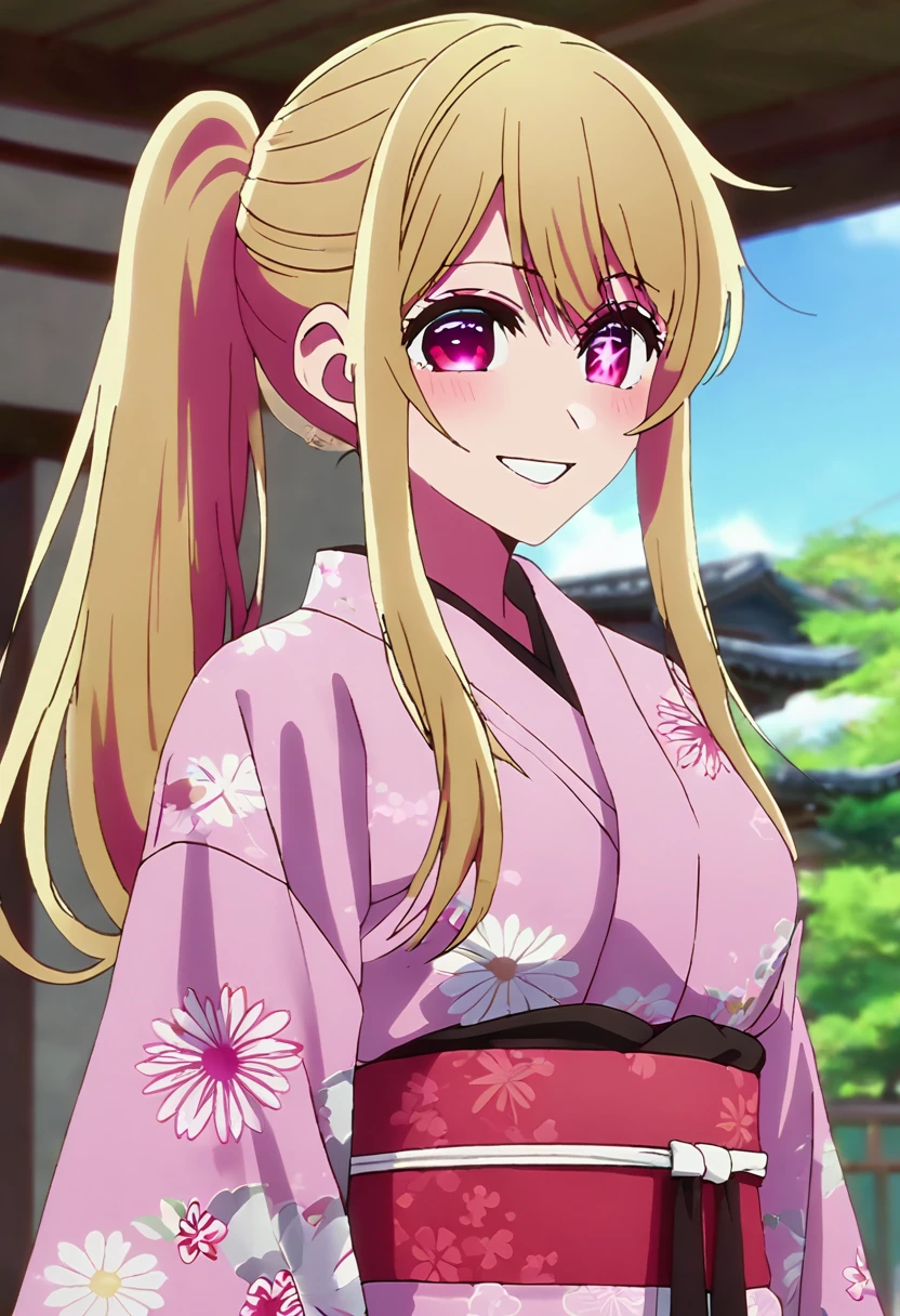 Blonde、Yukata with open front、Highest quality、high resolution、8K,Highest quality、Star-shaped pupil、The best smile、long hair、Pink Eyes、ponytail、Cowboy Shot、One person