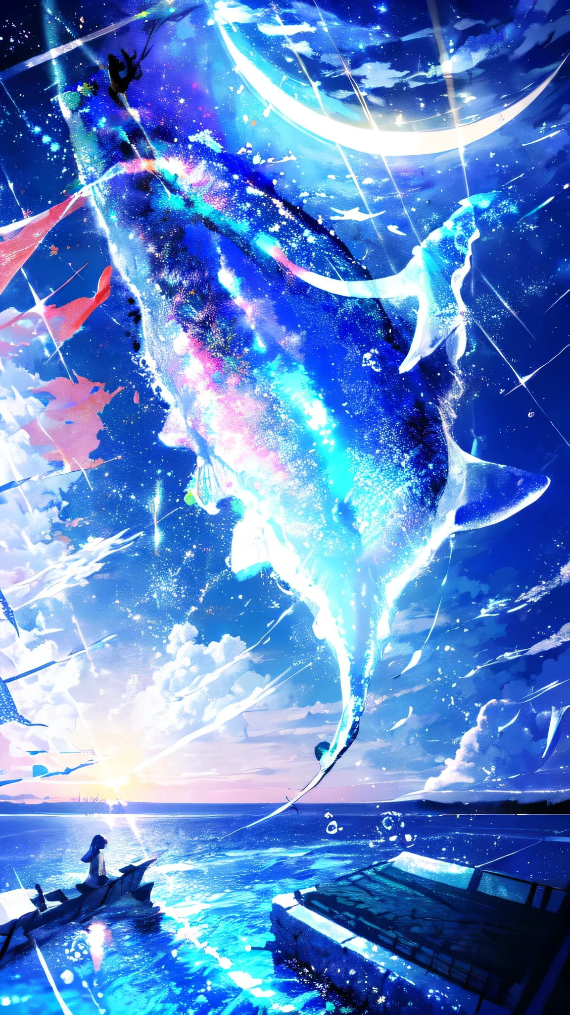 -scenery, 1girl, sky, Star (sky), Highest Resolution、whale, night, solo,Fine starry sky、 city lights, Starry sky, Fine bubbles、night sky, bubble, moon, watercraft, outdoors, short hair, ocean, cloud,coloured glaze,