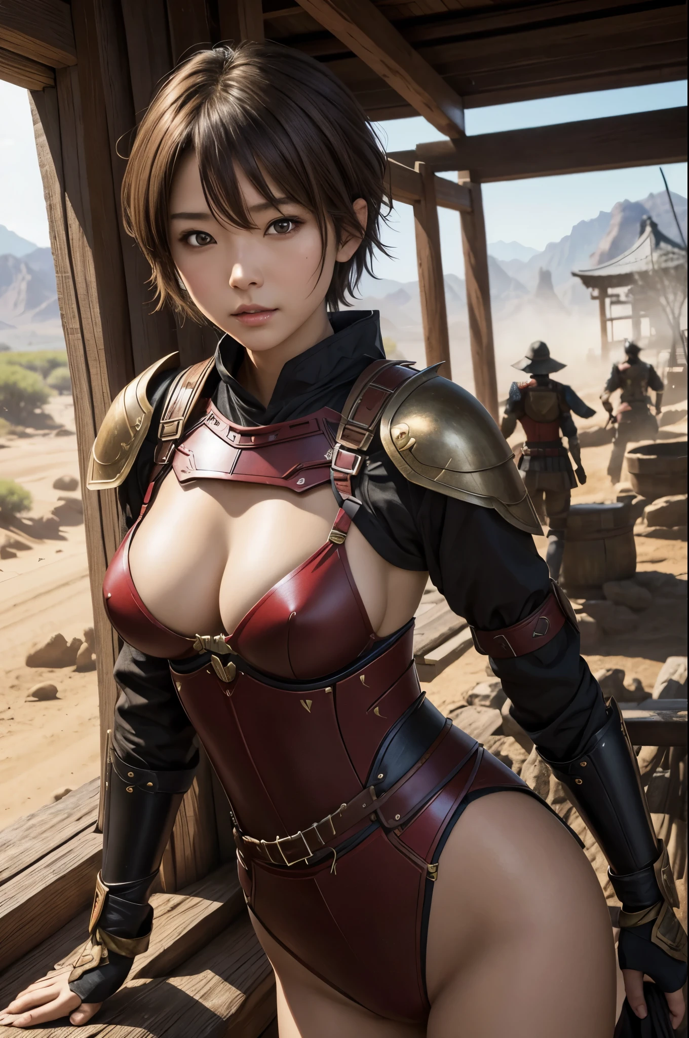 8K,荒れた大地adventure者の衣装,Traveling through the dusty wilderness,Light brown short hair,so beautifulな日本の女性, Red and black large breasted breastplate(Devil's Crest),so beautiful(Like the real thing),Red and black shoulder armor for the left shoulder(Devil's Crest),red and black combat pants,sexy,deviantart artstation cgscosiety, 3D Rendering,Art Station HDのトレンド, Adventure Ultra-Realistic Rendering, Perfect body with realistic shading, Photorealistic perfect body, Ultra-high resolution,high quality,sexy,Brown short hair,Muscular and slim body,Muscular and lean lower body,masterpiece,最high qualityのフォトリアリスティックなRAW写真。Bright colors,Rich colors, Backlight, Cinema Lighting, Film Grain, to be born, 50mm lens, Nikon D850,Realistic Skin,Fantasy art,Character Art,adventure,He has a long and big Japanese sword.,brown combat jacket,red and black gauntlets(Devil's Crest),Battle Scenes,Dynamic pose,Action pose,Big smile,Extremely strong and defined abs,Pump Up,Red and black combat shorts,