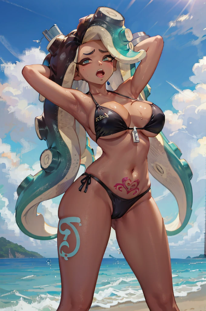 8K, high resolution, NSFW, from below, (gigantic breasts), huge pelves, inner flesh, splatoon, strong eyes, arms behind head, armpit, (Marina:1.2), (dark skin:1.4), Black wear, bikini, cleavage, wet skin, tentacle gleaming hair, (pubic pink tattoo), expression, holding, statement, in the beach, (looking at viewer), frown, surprised, open mouth, disturb