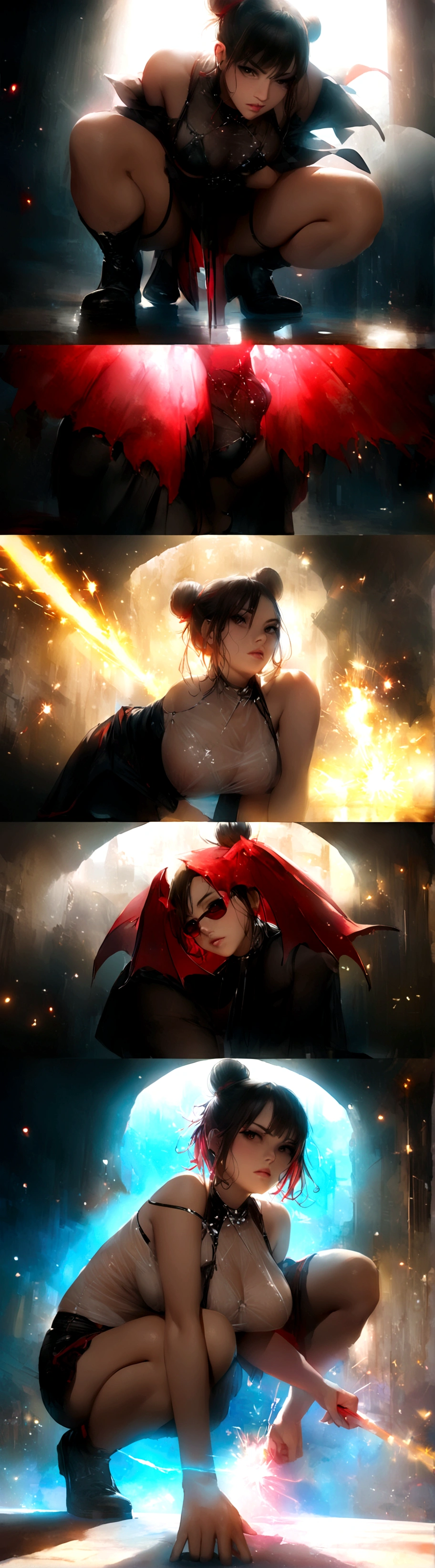 Ethereal being, loose bun, bioluminescent see-through attire, sunglasses, full-body stance, low squatting Sakura Naruto + Leona vampire devil big titis perspective, emitting moody constellation of hues including dark, red, silver  lime, gold, cyan, surroud satrs by tempest of power light, boom of stars and reds, sparks, digital painting, ultra-realistic, dramatic lighting