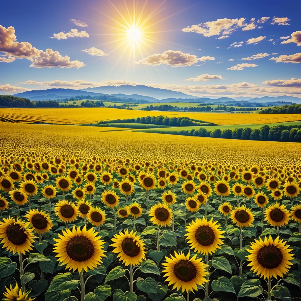Sunflower field sun Landscape painting
