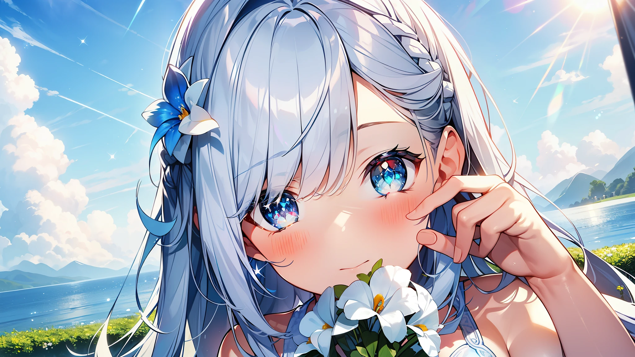 Best quality、Photorealistic、Ultra-detailed、delicate、Orderly、High Detail、Bluish Silver Short Bob、(Drooping heterochromia iris,glowing eyes、Sparkling Eyes:1.3)、slender、(One girl:1.2)、(sun、noon、A sky filled with cumulonimbus clouds、blue sky、morning glory flower、Bursting light:1.3)、Ambient Occlusion、Ambient Light、Ray-traced Reflections、Glow、Shiny Hair、
