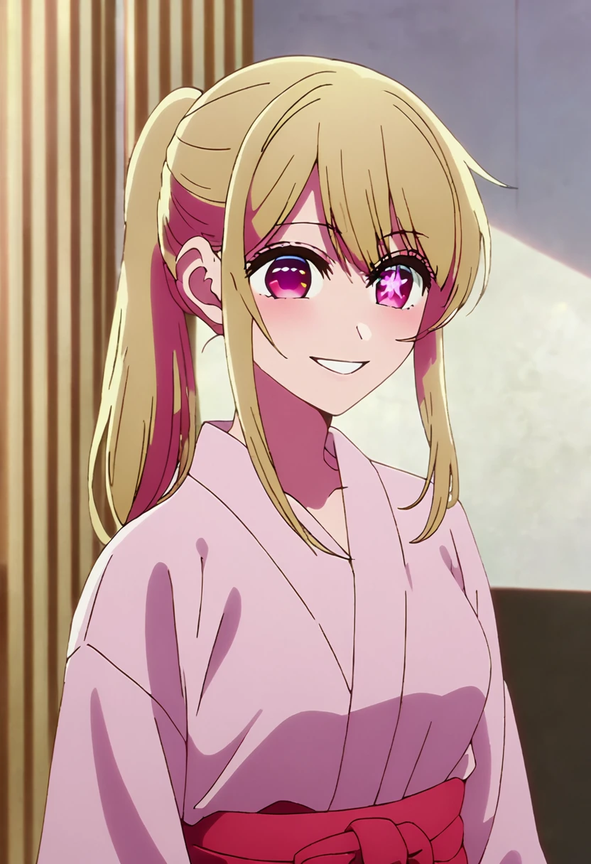 Blonde、Yukata with open front、Highest quality、high resolution、8K,Highest quality、Star-shaped pupil、The best smile、long hair、Pink Eyes、ponytail、Cowboy Shot、One person